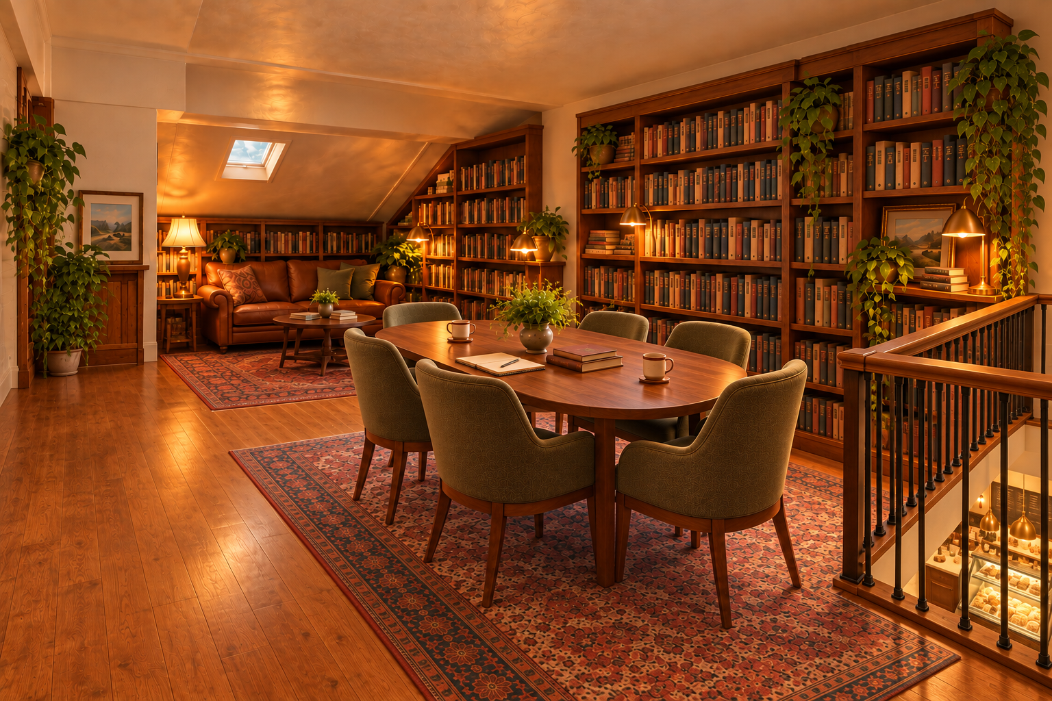 The Book Loft concept with a meeting table, soft reading seats and stained-wood shelves, overlooking the ice cream parlor below