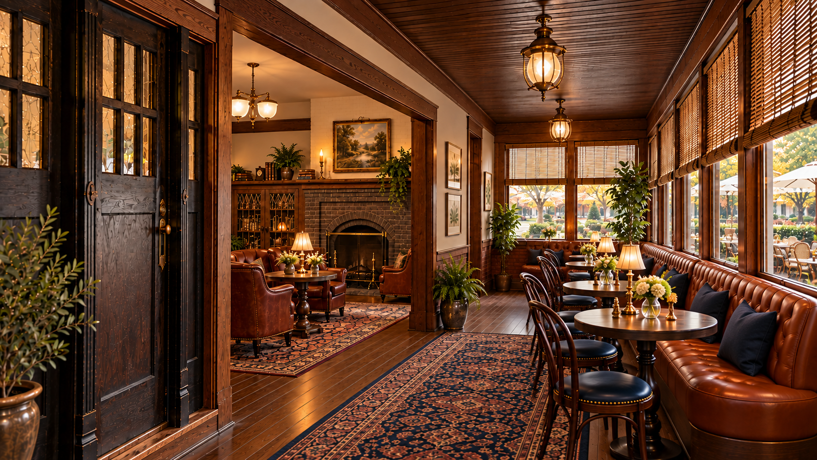 Enclosed porch with a tufted cognac leather banquette, café tables and chairs opposite, opened toward the fireplace lounge