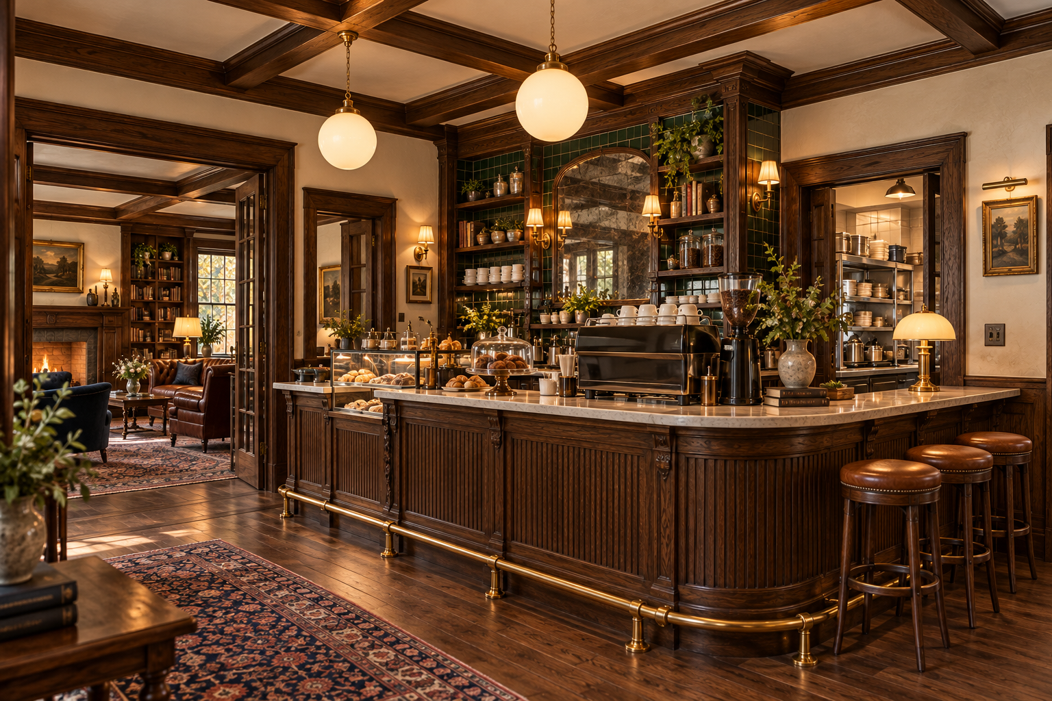Grand English pub coffeehouse concept with a curved stained-wood counter, tall mirrored back bar and warm brass lighting