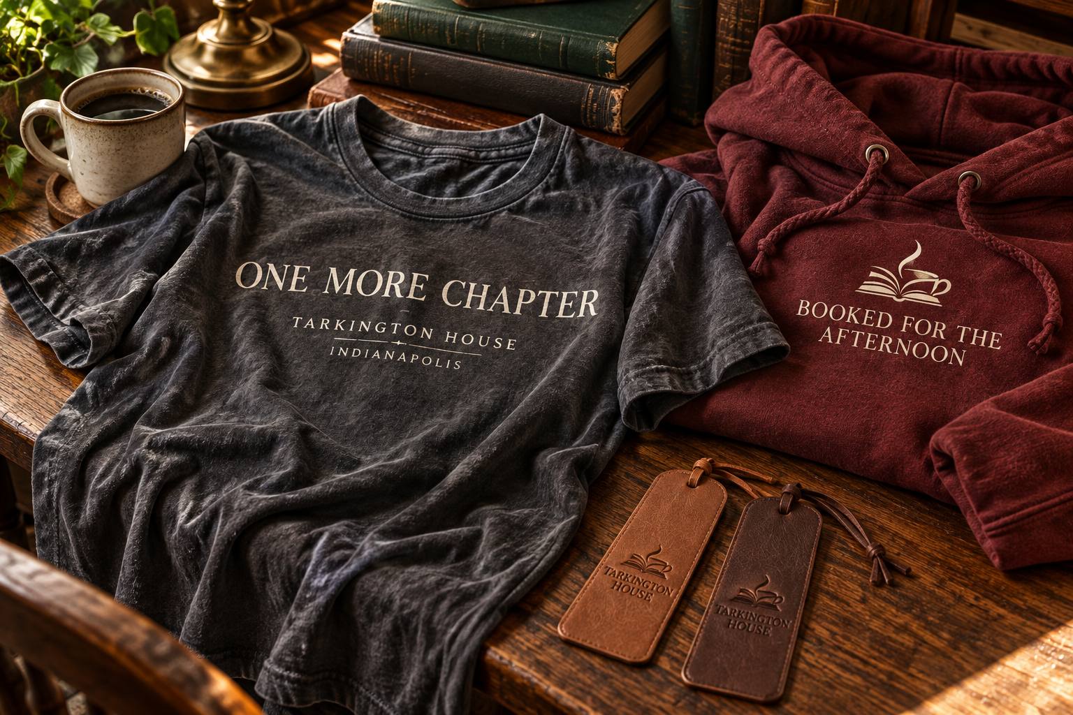Concept for vintage-washed literary tees, a soft oxblood hoodie and leather bookmarks