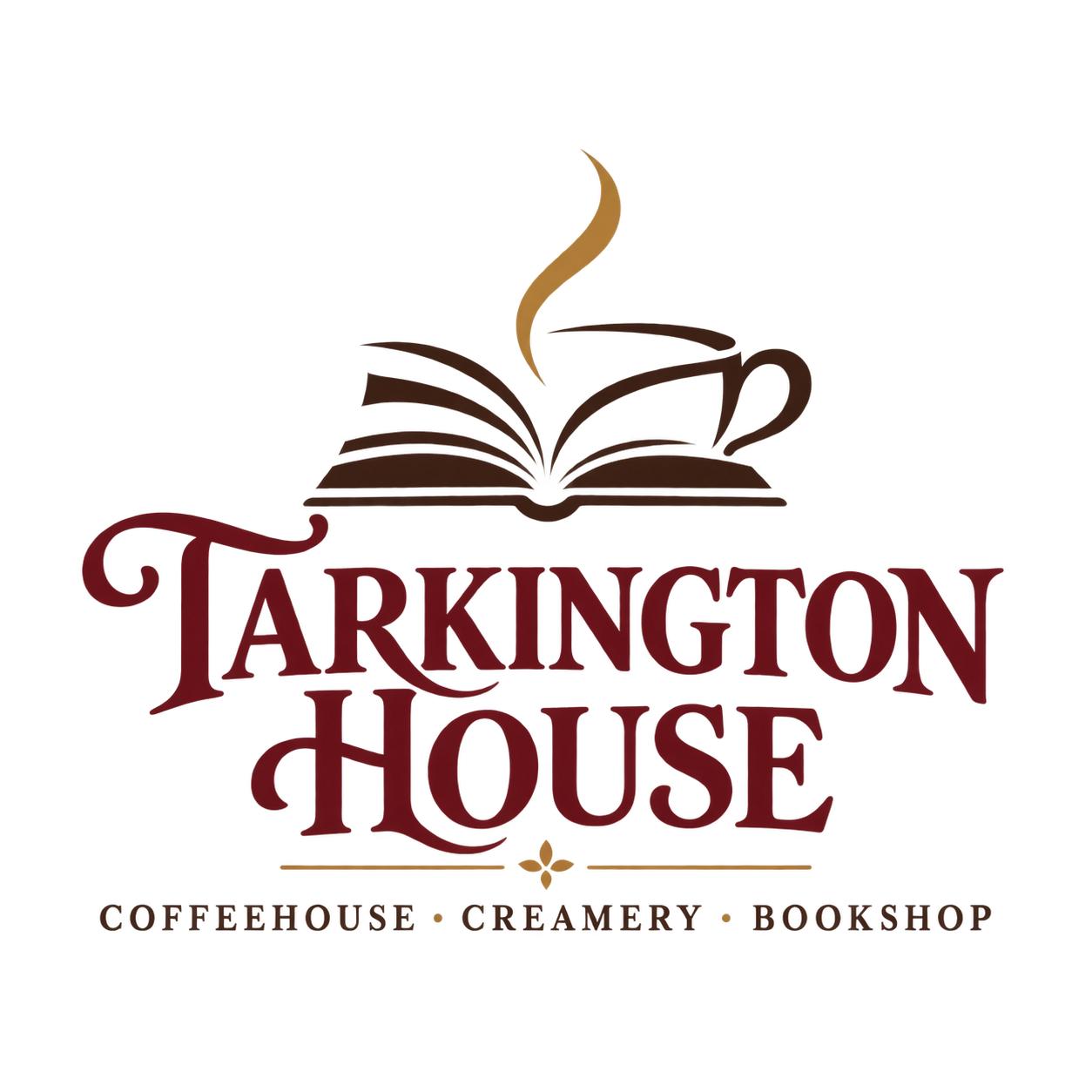 Tarkington House · Coffeehouse · Creamery · Bookshop, with an open book becoming a steaming coffee cup